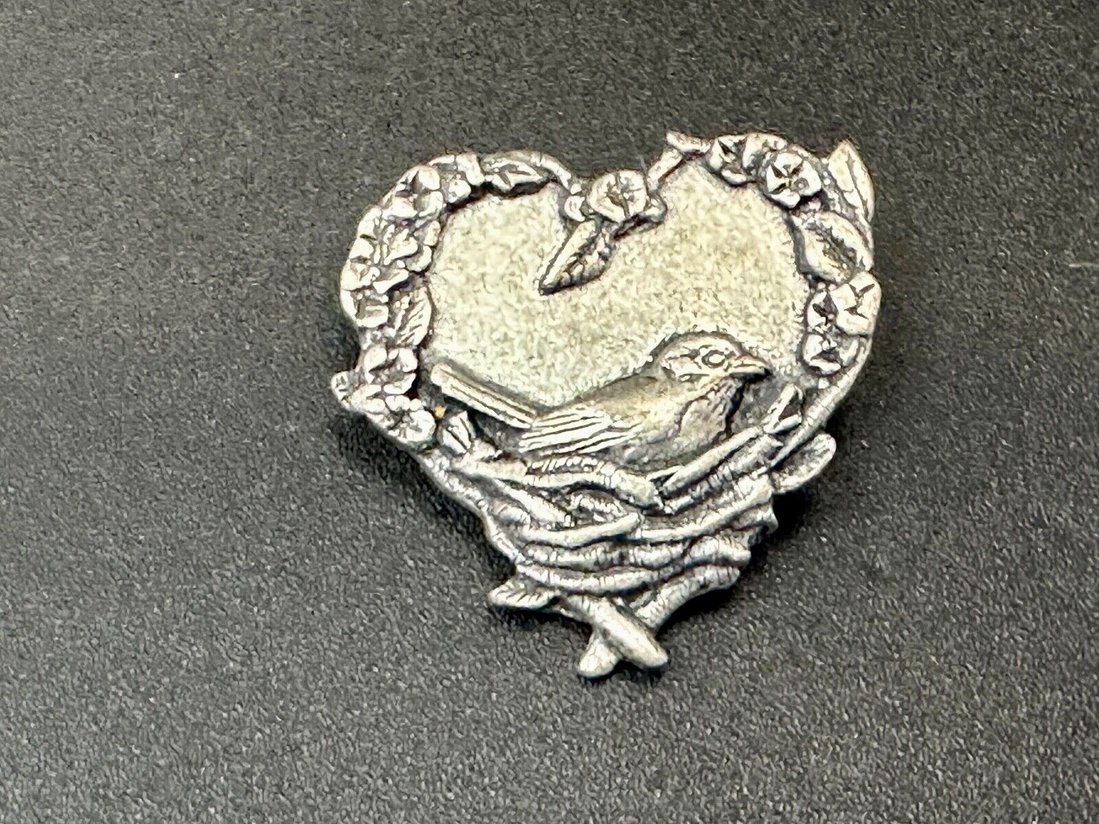 Adorable bird growing eggs in nest vintage birds and blooms pewter pin