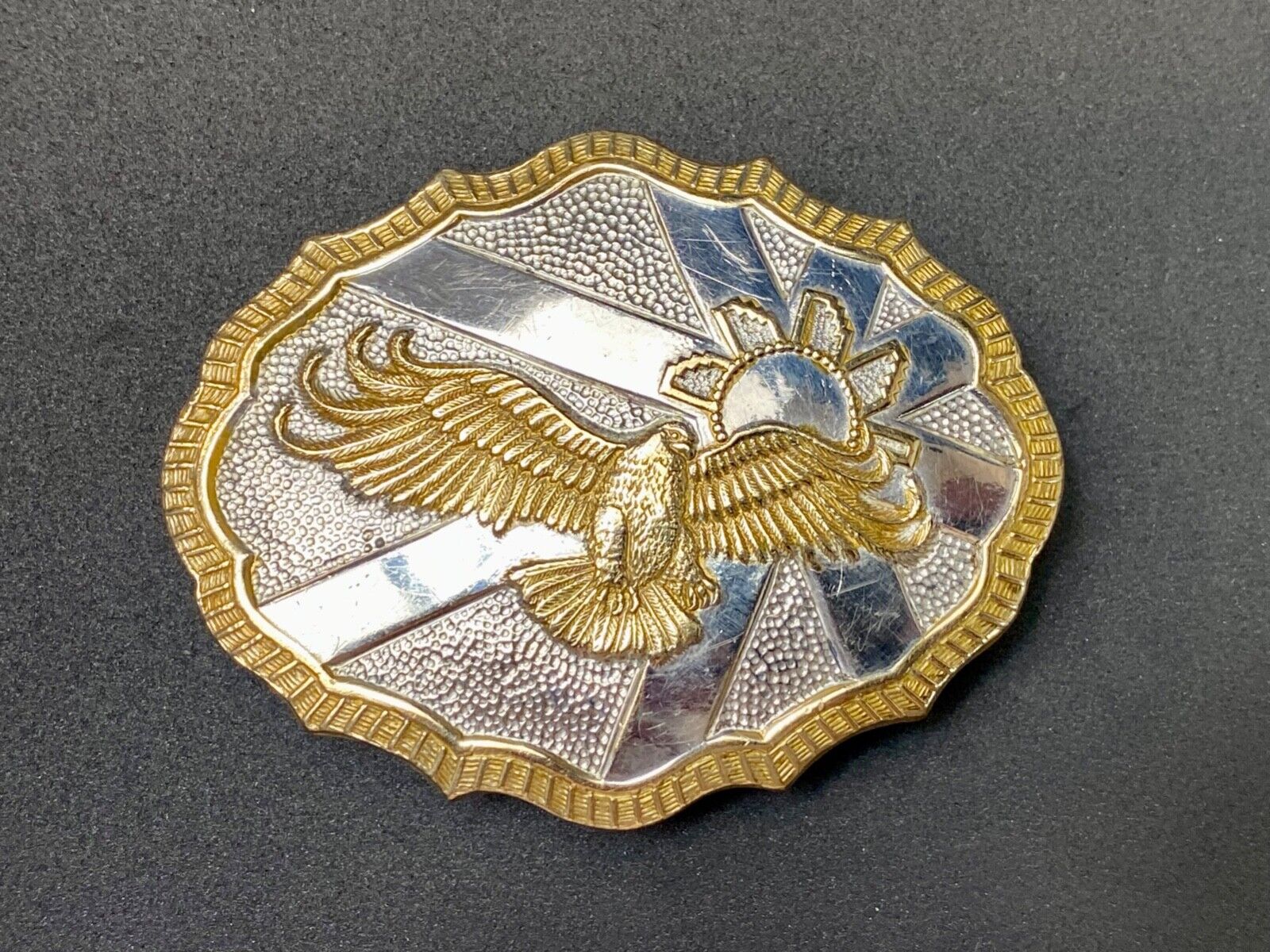 Vintage Crumrine Two tone Hunting American Bald Eagle in Flight belt buckle