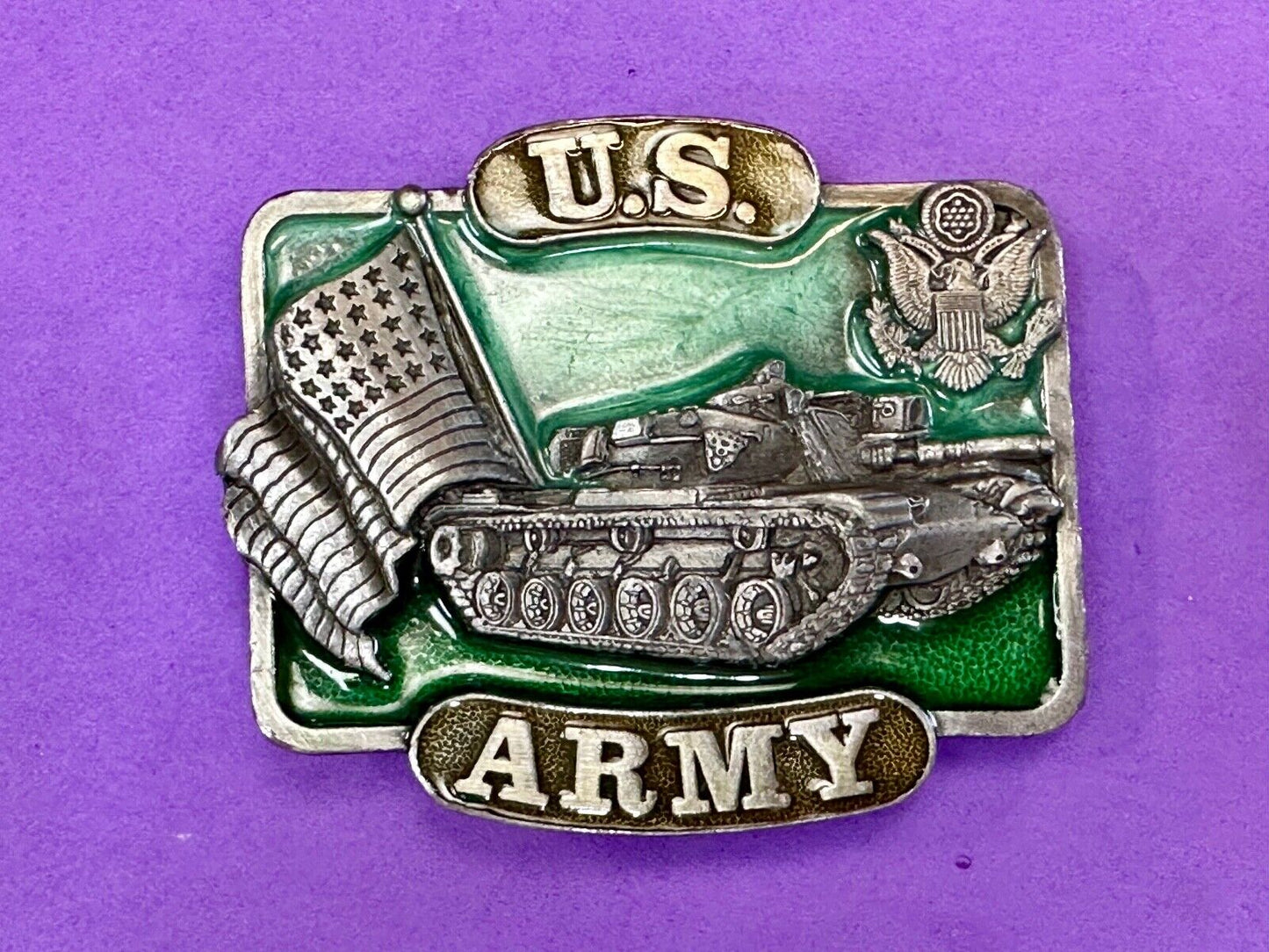 U.S. Army Belt Buckle Tank Flag vintage 1982 Bergamot Brass Works K-32
