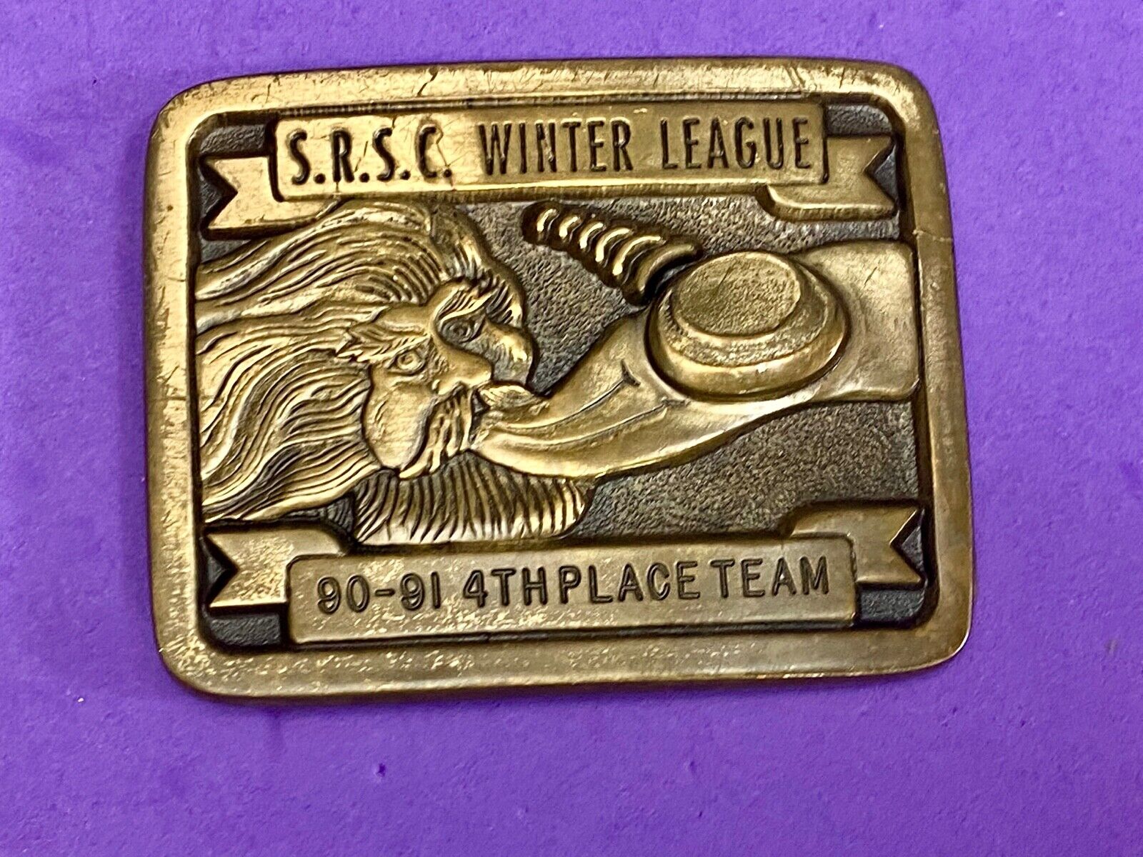 Vintage 1990 Trophy Belt Buckle  Srsc Winter League Sports Teams Old Man Winter 