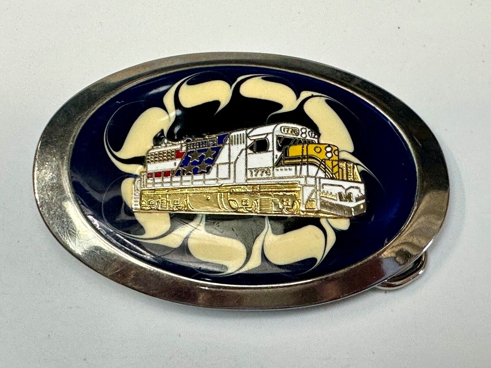 Artisan Trail Car Engine on retro swirl background Vintage Oval Belt Buckle