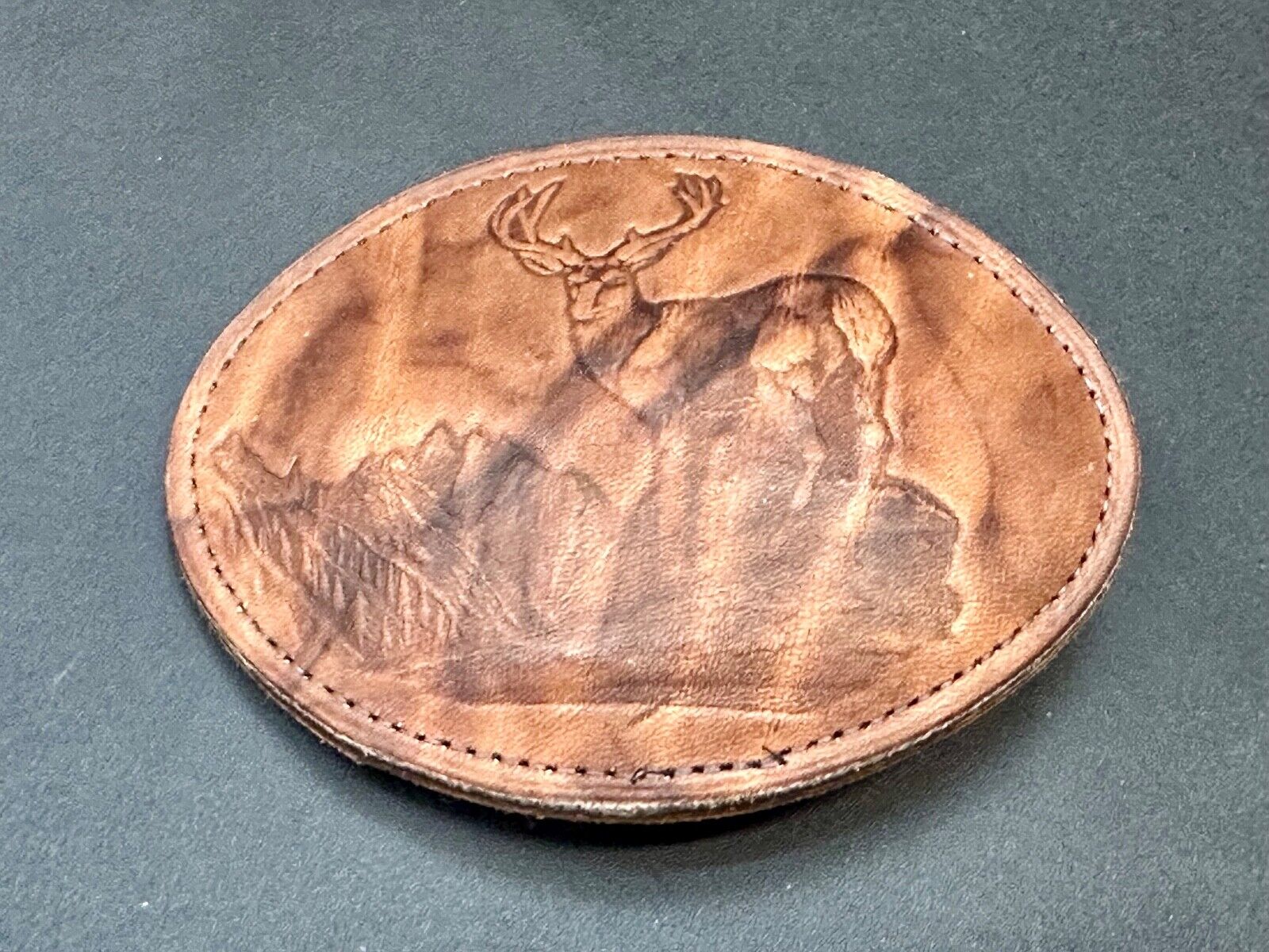 Vintage DEER in Nature, Hunters Leather oval LARGE belt buckle