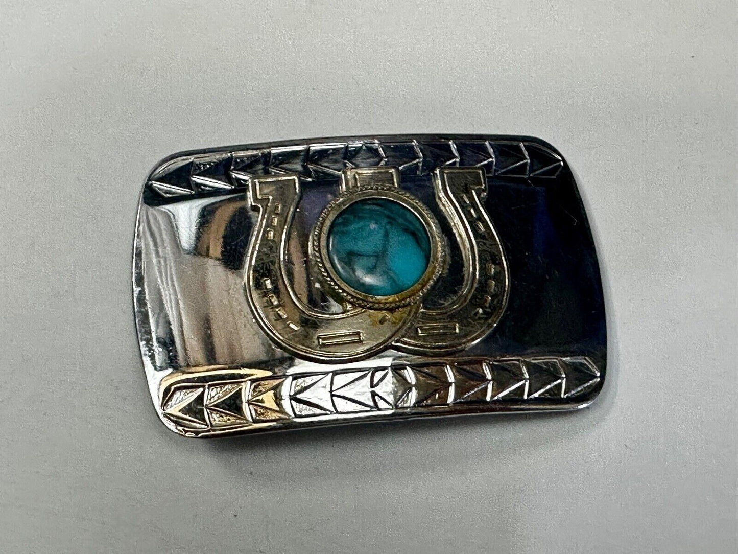 Turquoise Stone centerpiece Western Belt Buckle w/Lucky Dual Horseshoe Surround