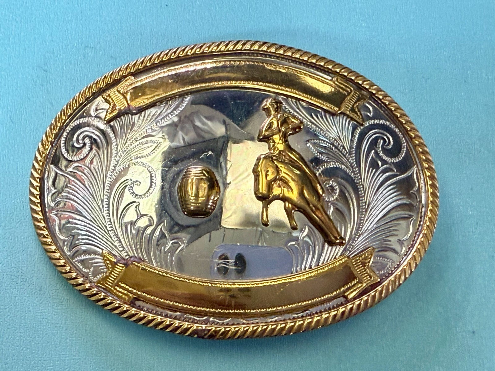 Vintage Barrel Racing Trophy Award Blank Ribbon Vtg. German Silver Belt Buckle