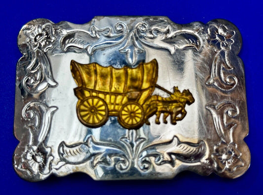 Vintage Horse Drawn Covered Wagon - two tone Belt Buckle with reflective surface