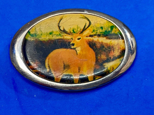 Vintage 1987 PICTURE OF DEER IN NATURE - HUGE RACK! Solid Brass TN belt buckle 