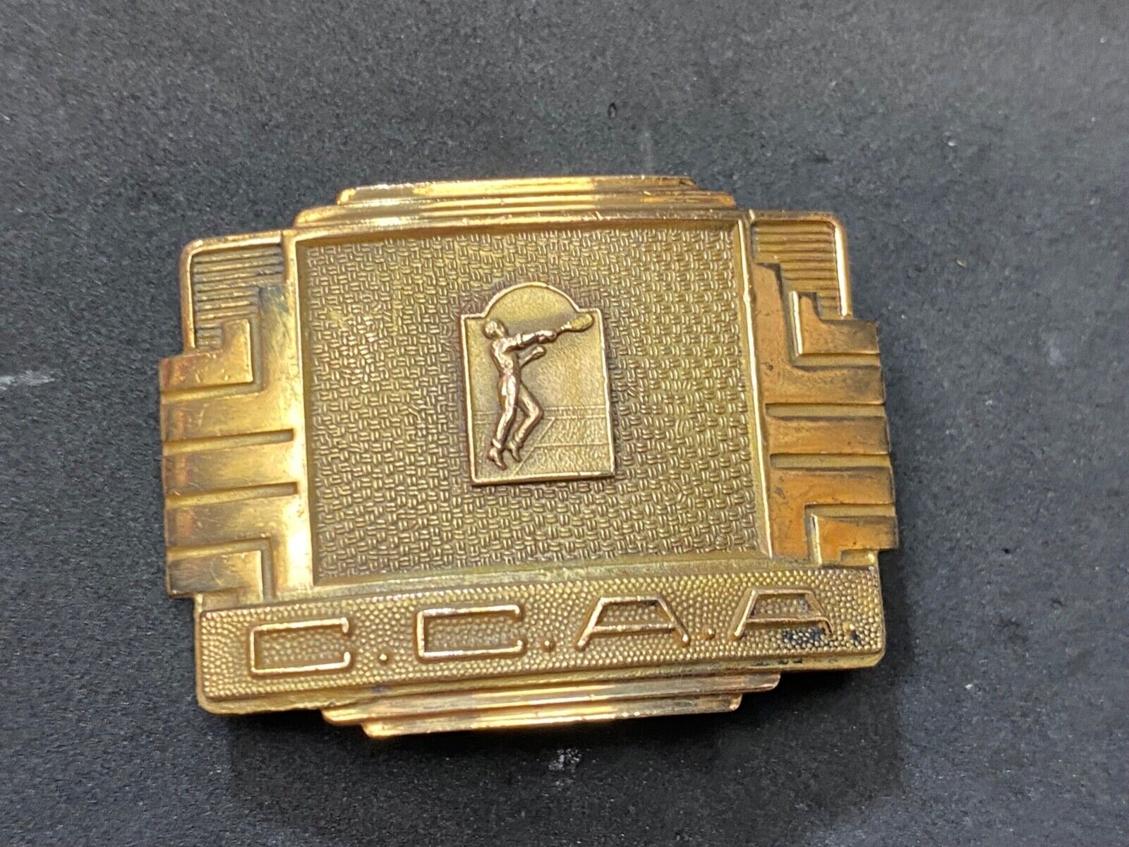 Vintage 1950 CCAA Tennis Award Trophy - Invisible brand, USA made belt buckle