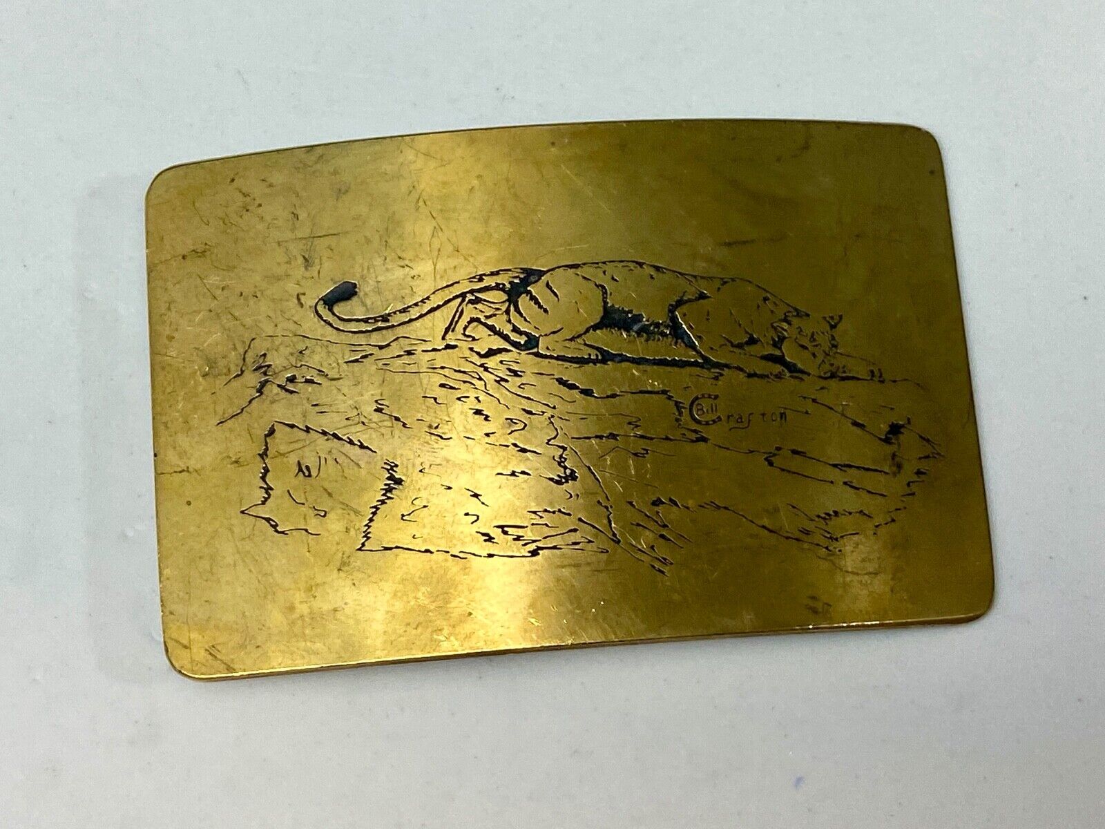 Vintage ART WORK Cat Cougar Tiger drawing Art Belt Buckle by BILL CRAFTON 