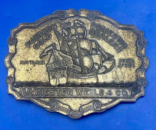 VINTAGE ANTIQUE METAL BELT BUCKLE- Livingston Wells & Co Sailboat Ship