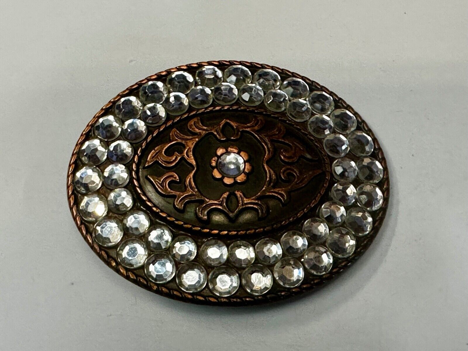Vintage brown oval floral theme Belt Buckle with Rhinestone surround