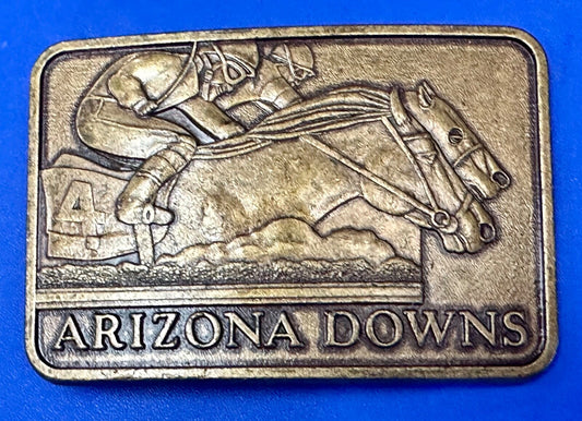 Vintage Arizona Downs Jockeys On Horses Racetrack Vtg. Brass Tone Belt Buckle
