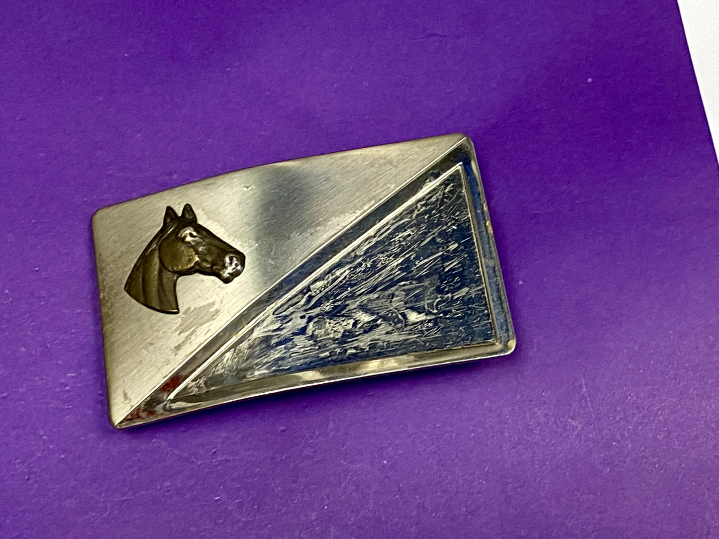Vintage Horse Head On Nickel Silver Rectangular Belt Buckle