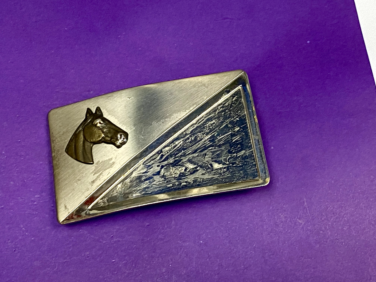 Vintage Horse Head On Nickel Silver Rectangular Belt Buckle