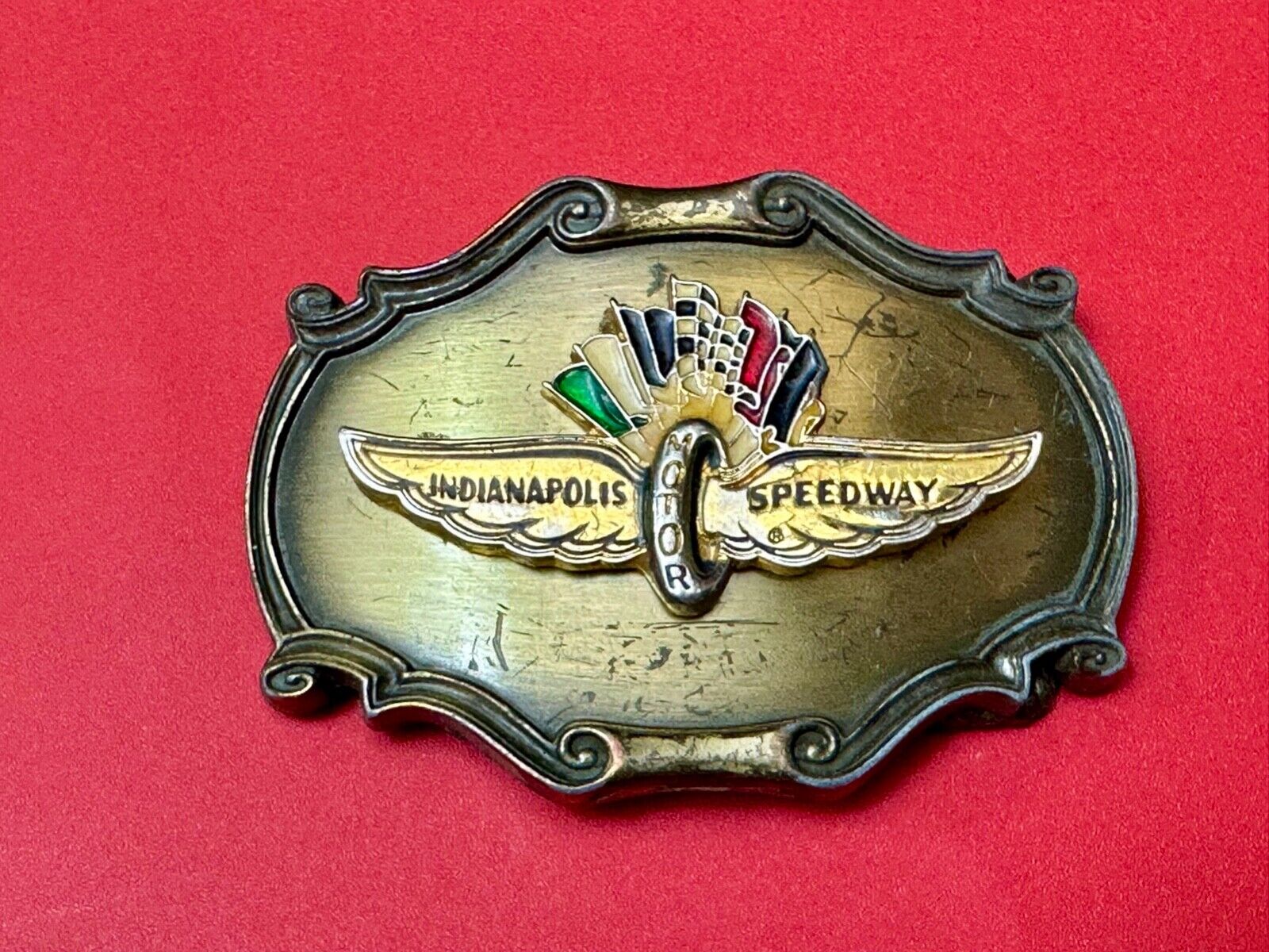Vintage Indianapolis 500 speedway western framed belt buckle by Raintree