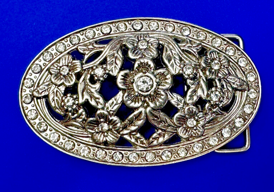 Swirl Flower Ornate Openwork Rhinestone Border Accent Silver Tone Belt Buckle