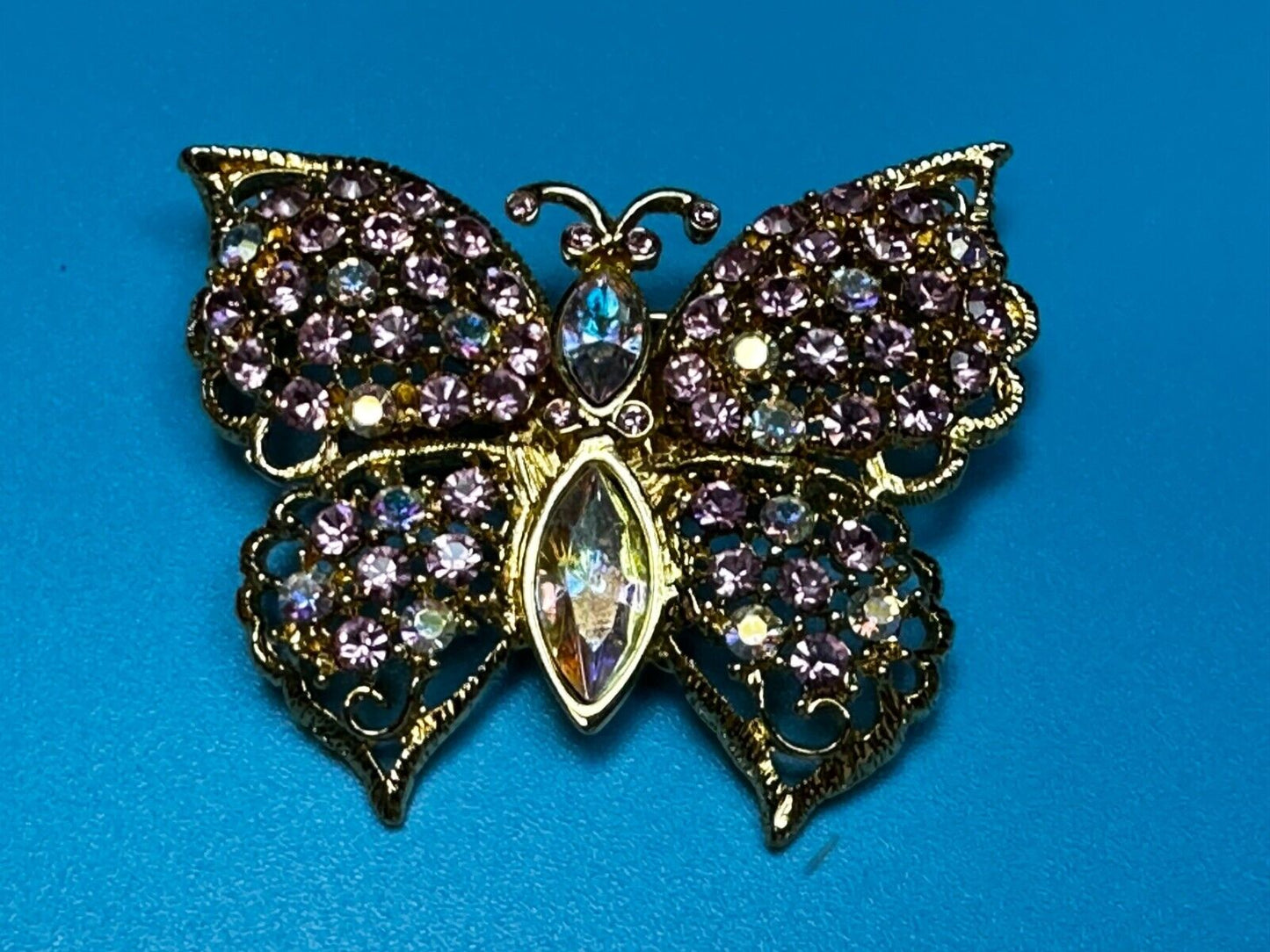 Aurora Borealis Butterfly Jeweled Insect Figural Brooch Pin Signed By Graziano