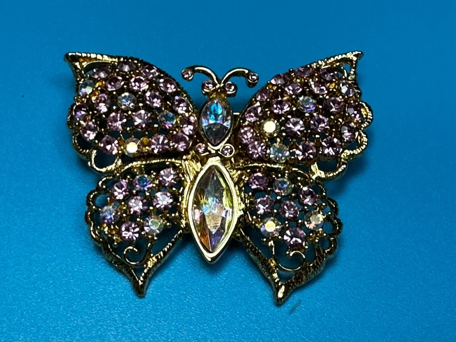 Aurora Borealis Butterfly Jeweled Insect Figural Brooch Pin Signed By Graziano