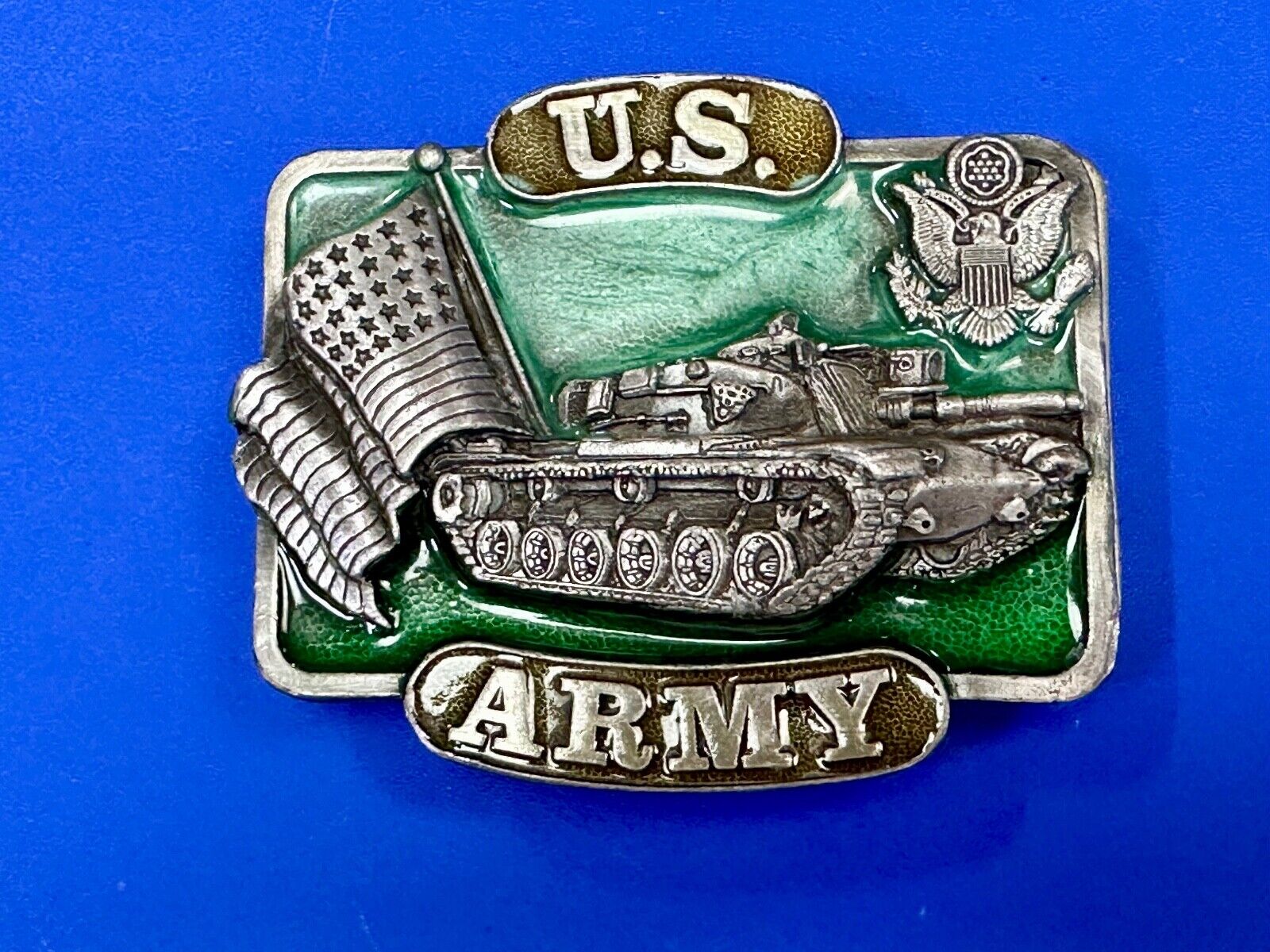 U.S. Army Belt Buckle Tank Flag vintage 1982 Bergamot Brass Works K-32
