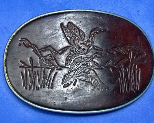 Vintage Ducks taking off flying from pond - nature leather belt buckle 