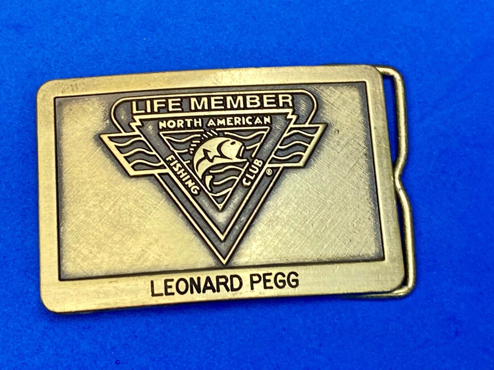 Vintage Life Member of the North American Fishing Club brass tone belt buckle 