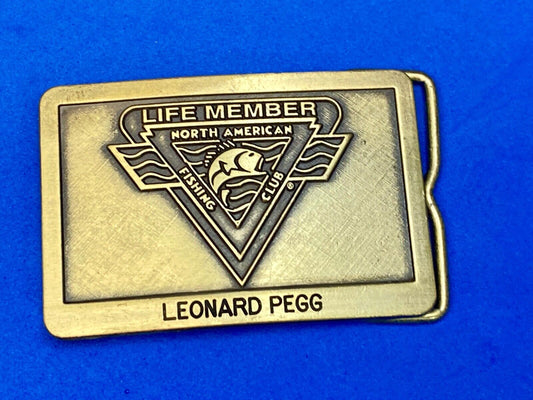 Vintage Life Member of the North American Fishing Club brass tone belt buckle 