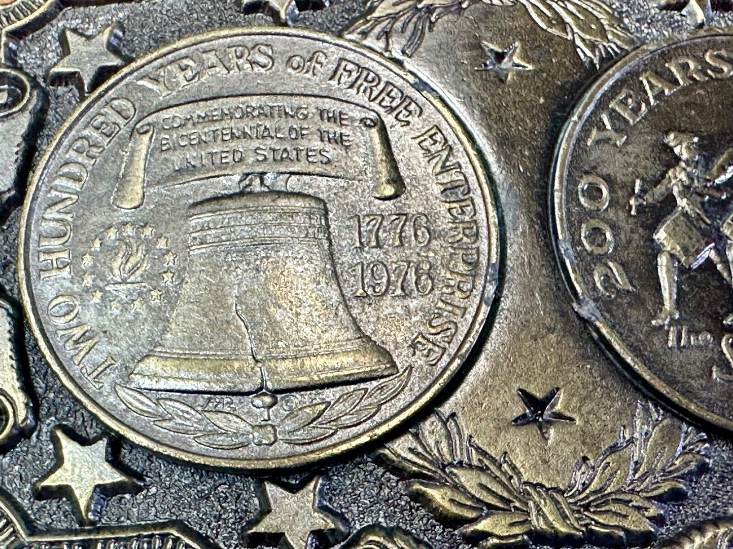 Two Coins Spirit of 76, Liberty Bell Patriotic America Vintage Lewis Belt buckle