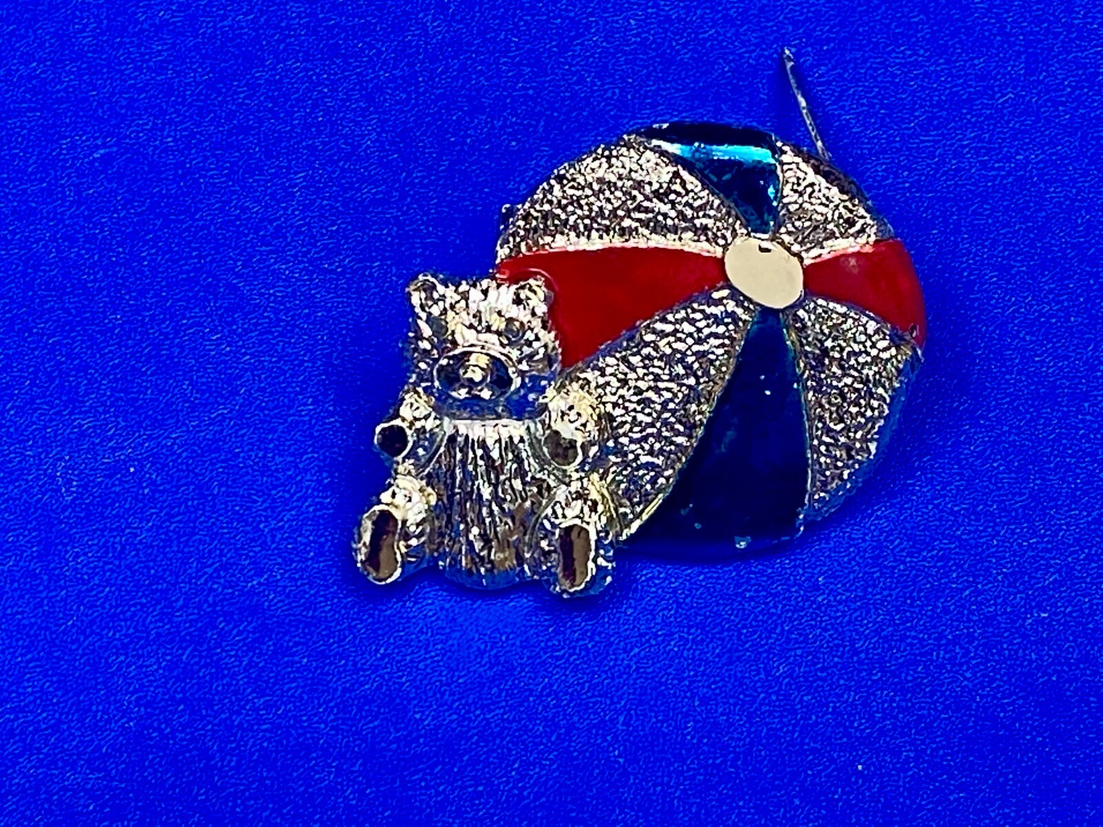 Teddy Bear with Beach Ball Vintage Blue Red Enamel Signed Brooch Pin