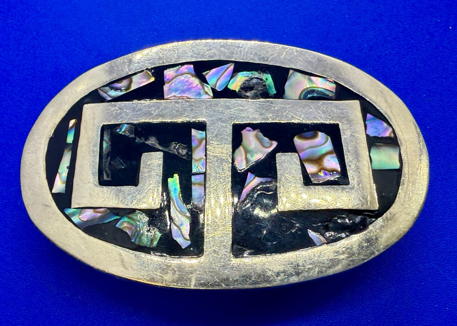 Vintage Alpaca Mexico Silver Tone Abalone Shell Pattern Oval Belt Buckle