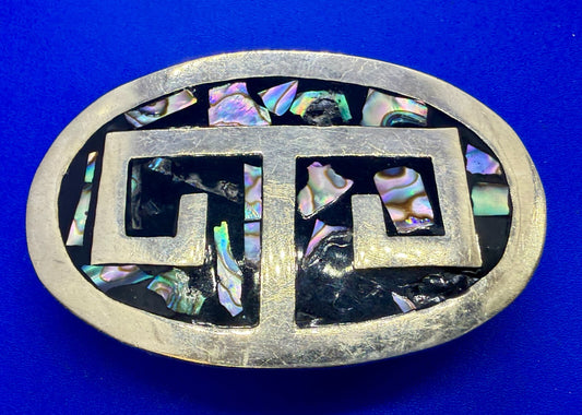 Vintage Alpaca Mexico Silver Tone Abalone Shell Pattern Oval Belt Buckle