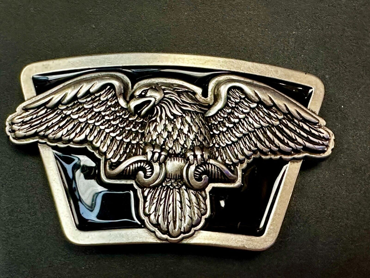 American Flying Bald Eagle Spreading Wings Silver Tone Black Enamel Belt Buckle