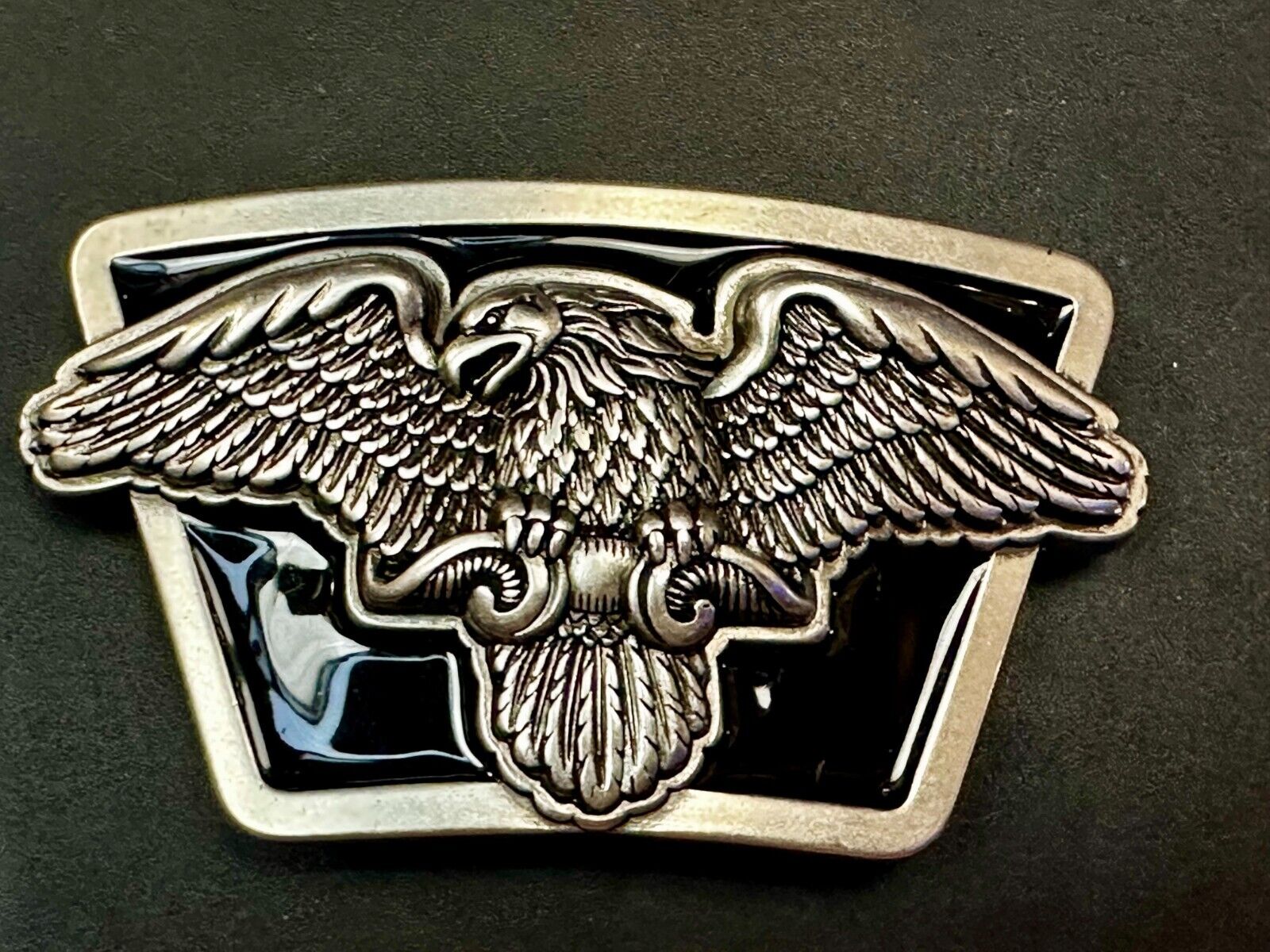American Flying Bald Eagle Spreading Wings Silver Tone Black Enamel Belt Buckle