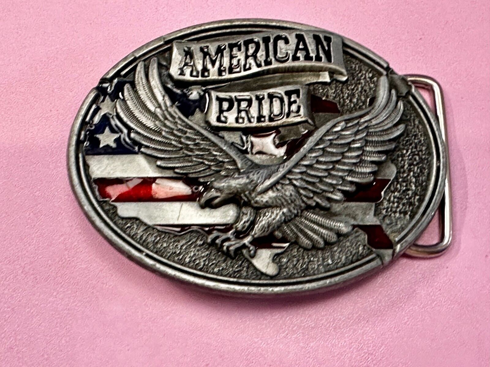 American Pride -Soaring Flying Eagle USA Flag Silver Color Patriotic Belt Buckle
