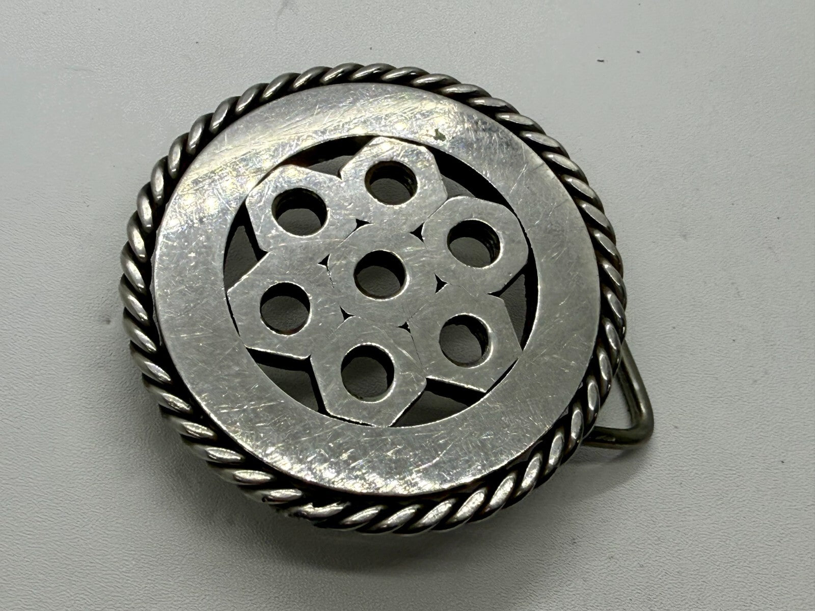 Artisan Welder's Art Handmade Abstract Open Work Round Silver Color Belt Buckle