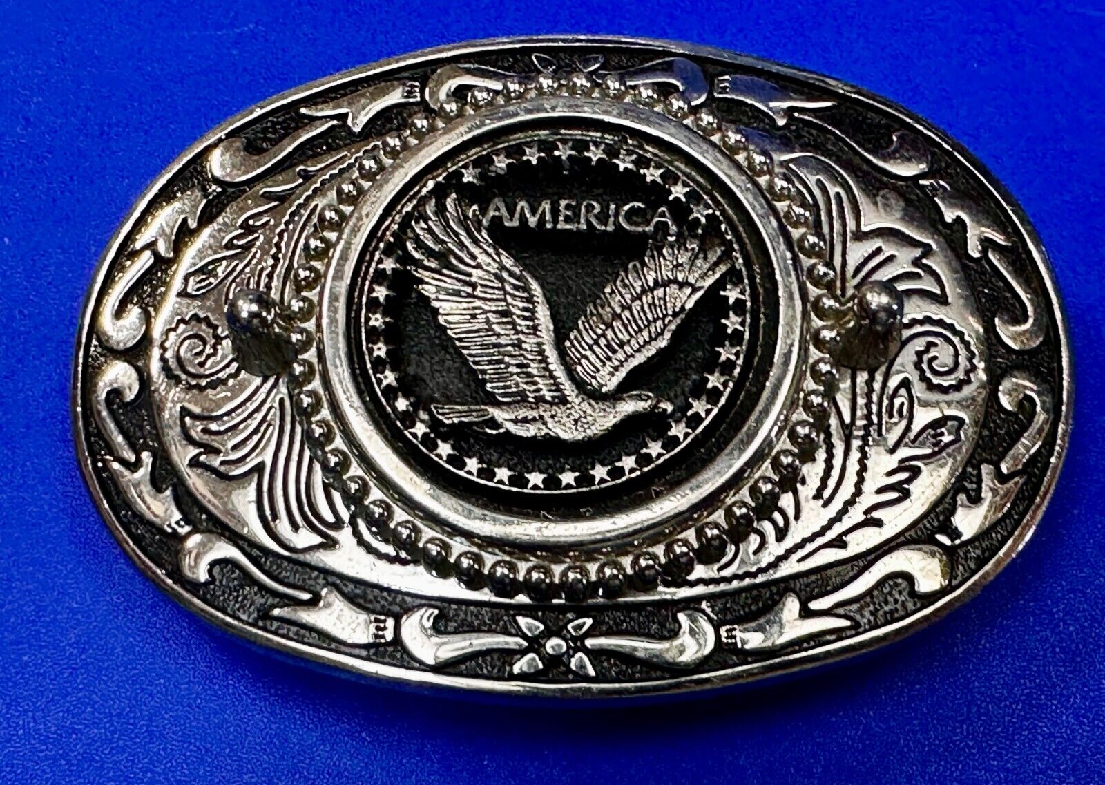 American Patriotic Bald Eagle Centered Flower Swirl Western Vintage Belt Buckle
