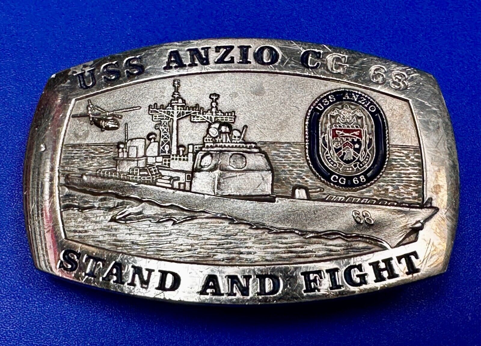 U.S.S. Anzio CG 68 Missile Cruiser Ship Stand and Fight US Navy Vtg. Belt Buckle