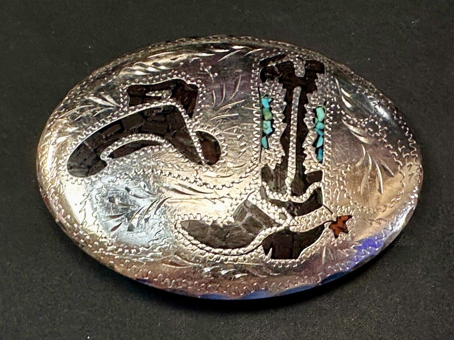 Turquoise & Coral Inlay Western Cowboy Hat Boots Large Native? Art Belt Buckle
