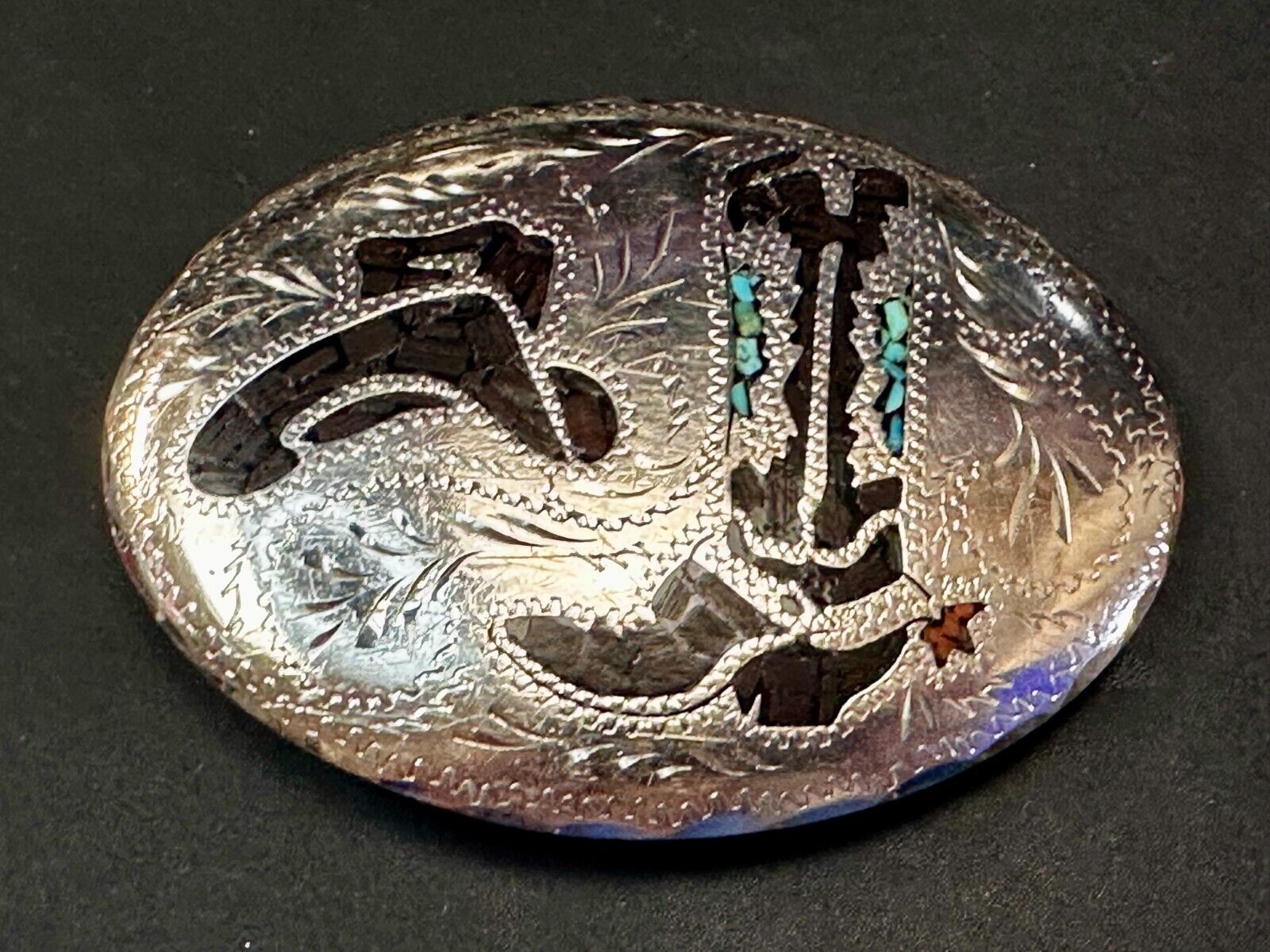 Turquoise & Coral Inlay Western Cowboy Hat Boots Large Native? Art Belt Buckle