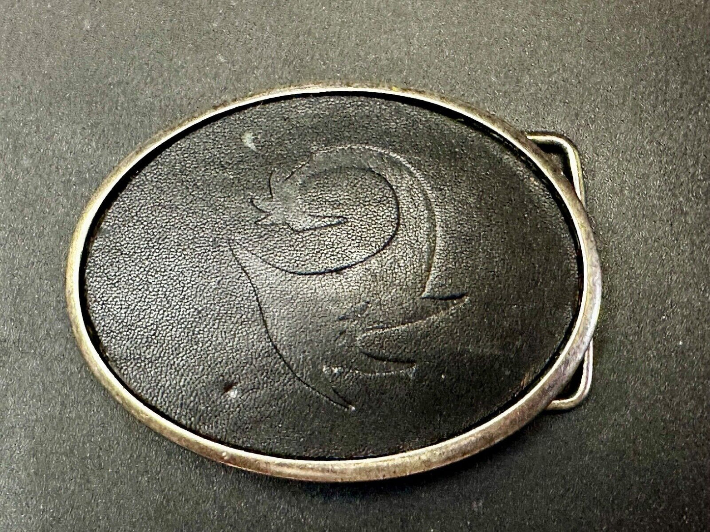 Unknown to me Animal Emblem Logo? Black Faux? leather Silver Tone Belt Buckle