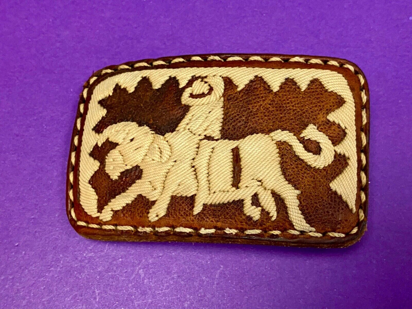 Vintage Fabric Stitched Belt Buckle  Rodeo Cowboy On Wild Bull