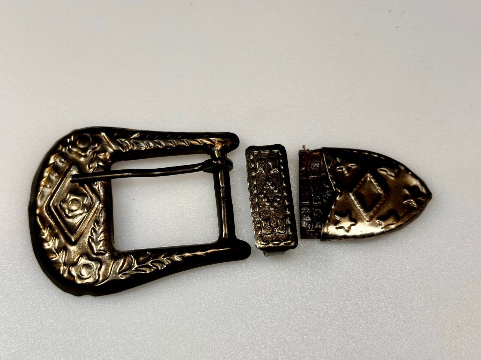 Three Piece Vintage Ranger Silver Tone Belt Buckle Set - Keeper & Tip Included