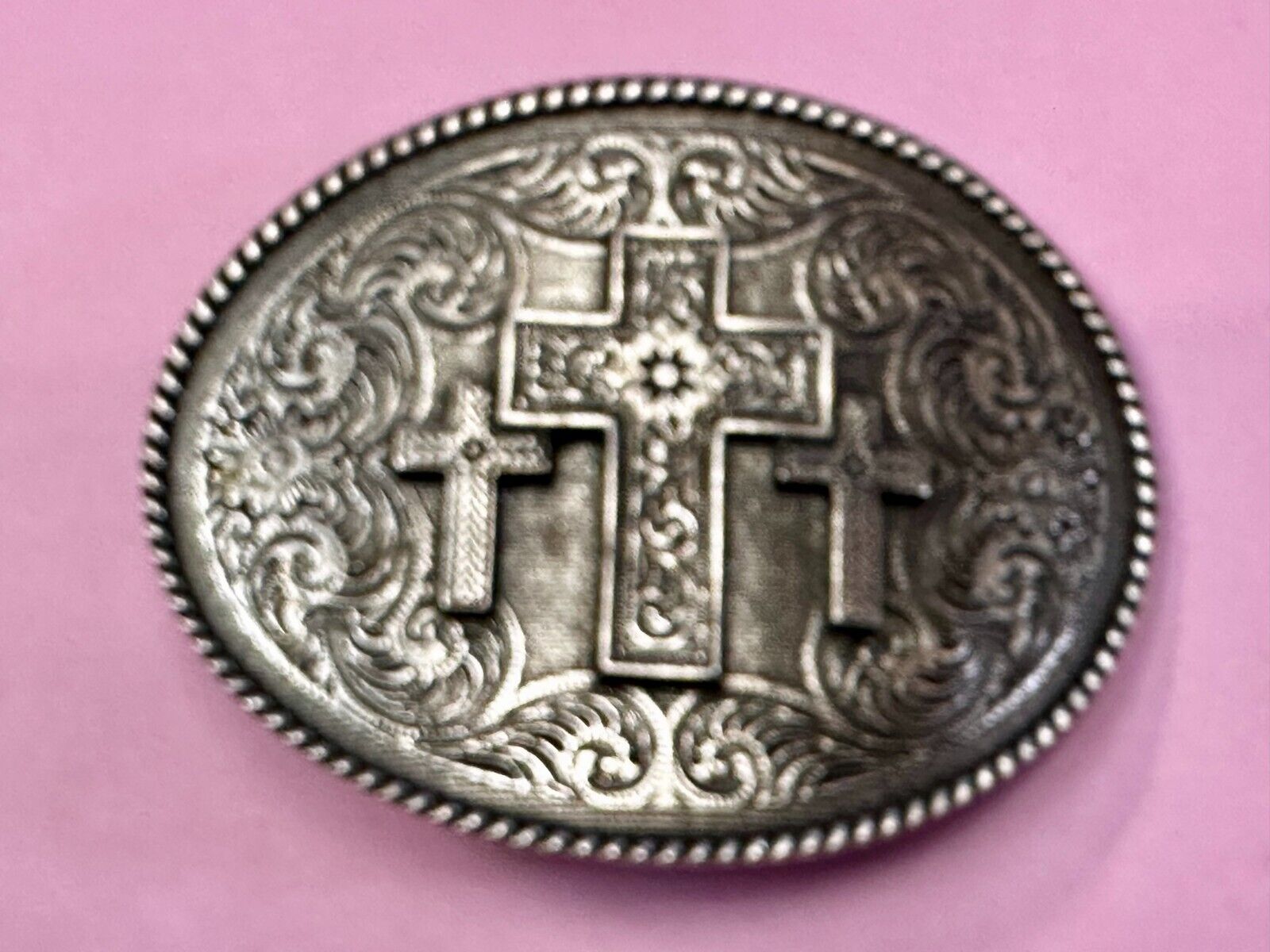 Three Cross Religious Faith Christian Flower Swirl Western Belt Buckle by Taylor