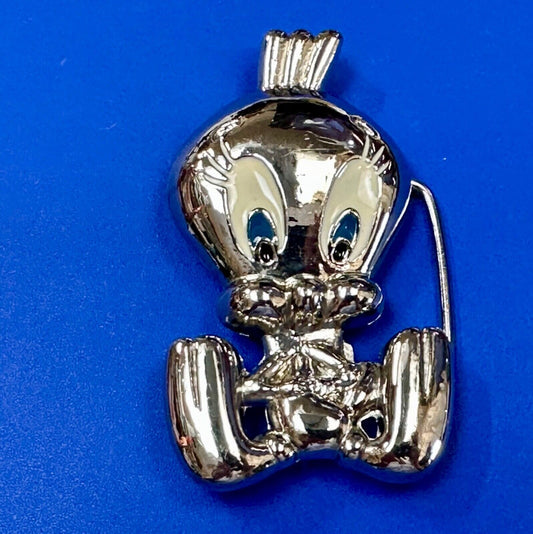 Tweety Bird Looney Tunes Enamel Eyes Silver Tone Small Vintage Belt Buckle