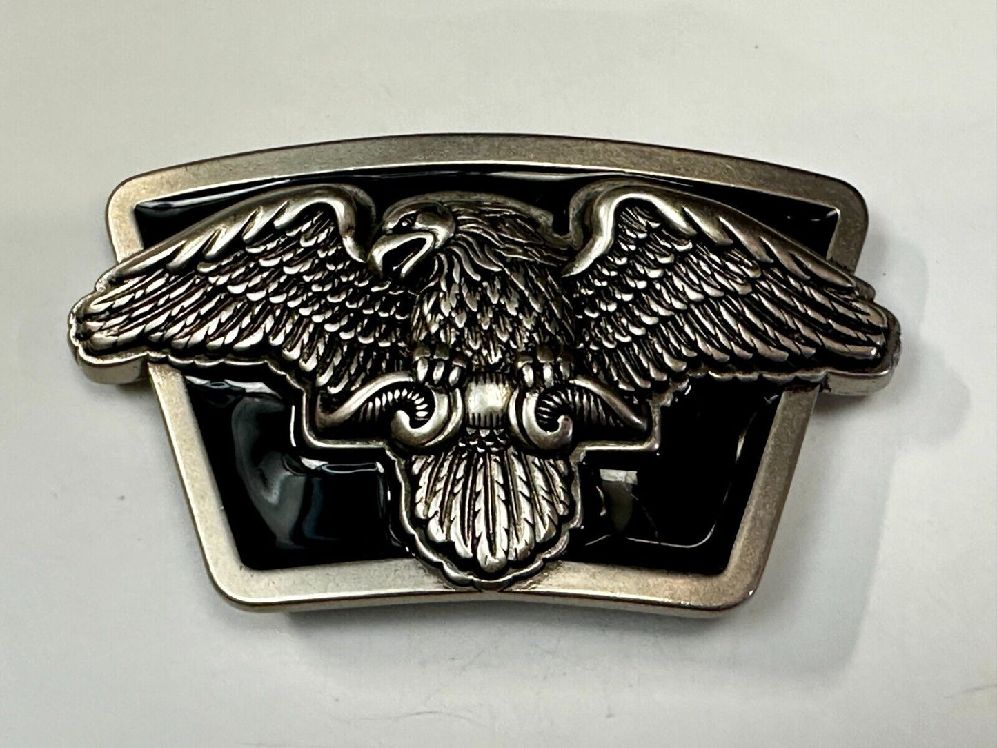 American Flying Bald Eagle Spreading Wings Silver Tone Black Enamel Belt Buckle