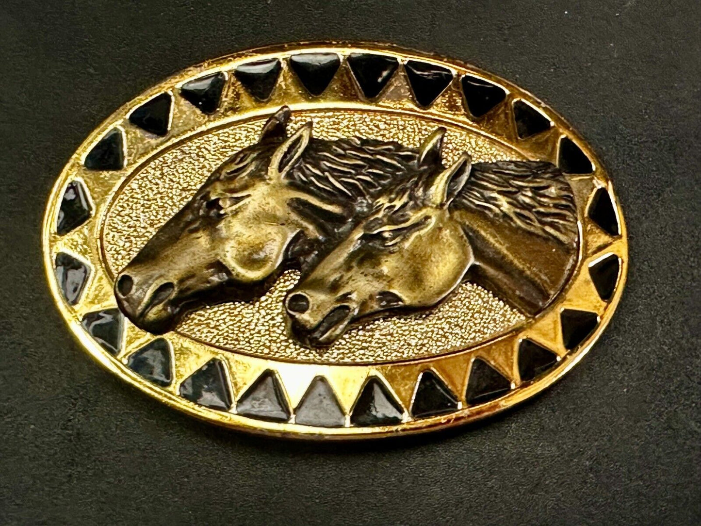 Two Running Horse Heads Vintage Mexico Belt Buckle - See Duck Makers Mark
