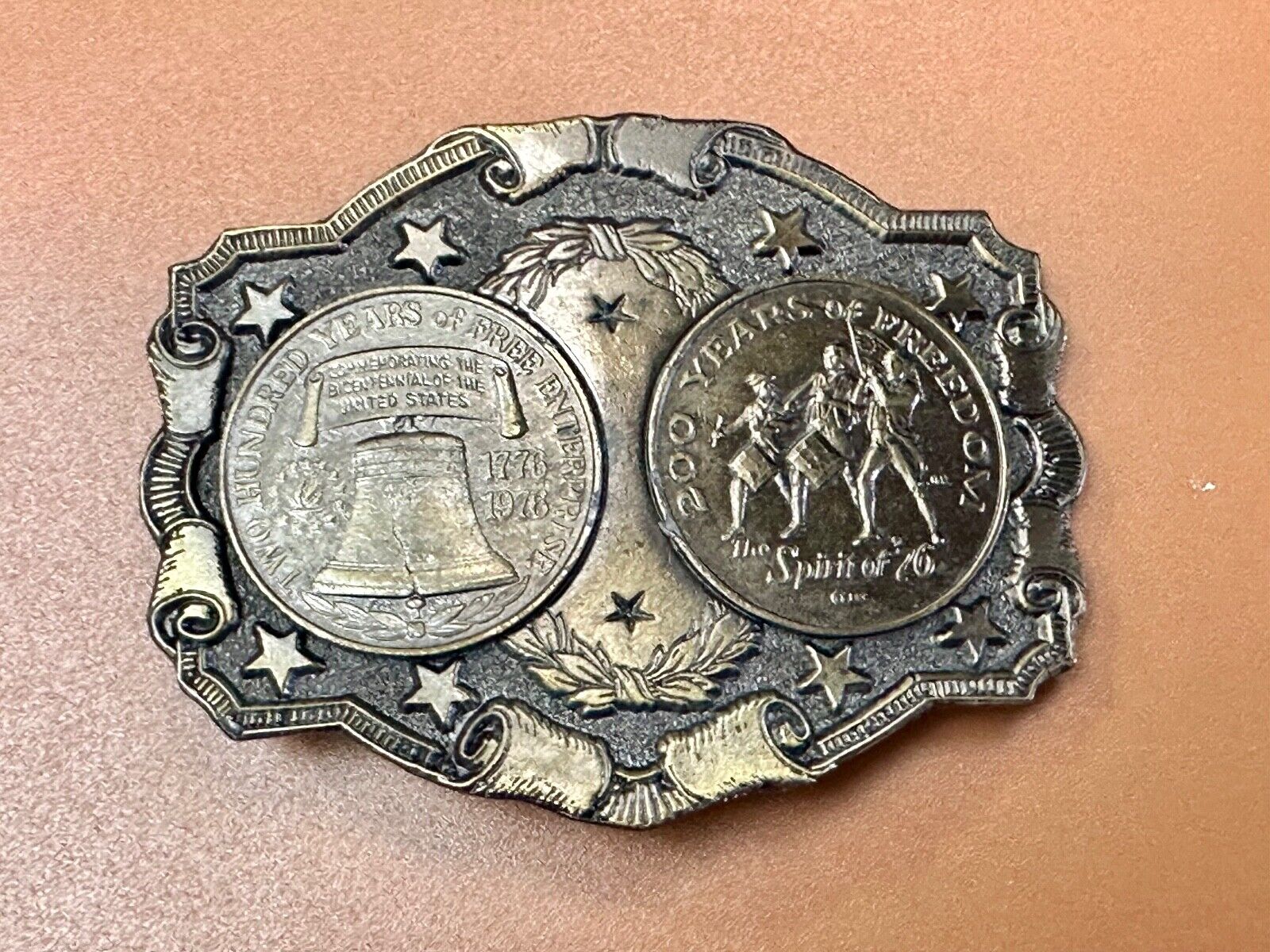 Two Coins Spirit of 76, Liberty Bell Patriotic America Vintage Lewis Belt buckle