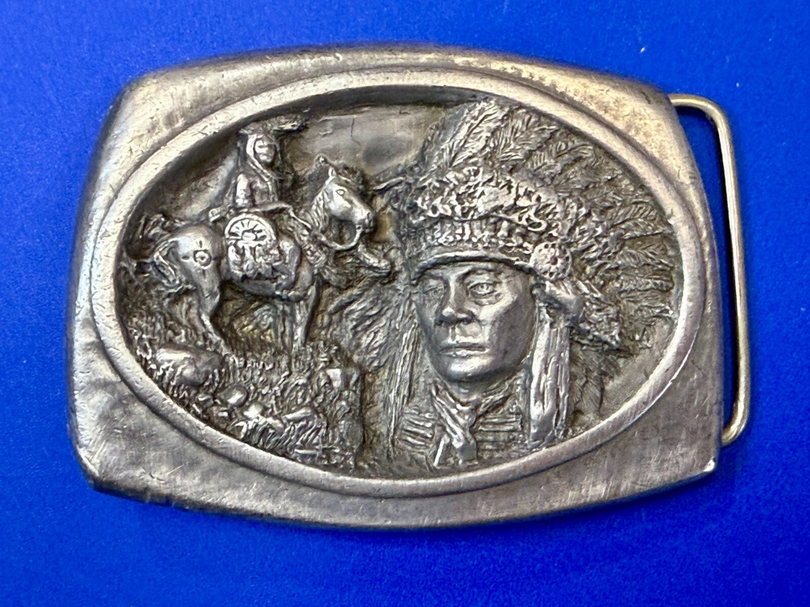 American Indian Chief Head with Headdress Silver Tone VTG 1988 C+J Belt Buckle