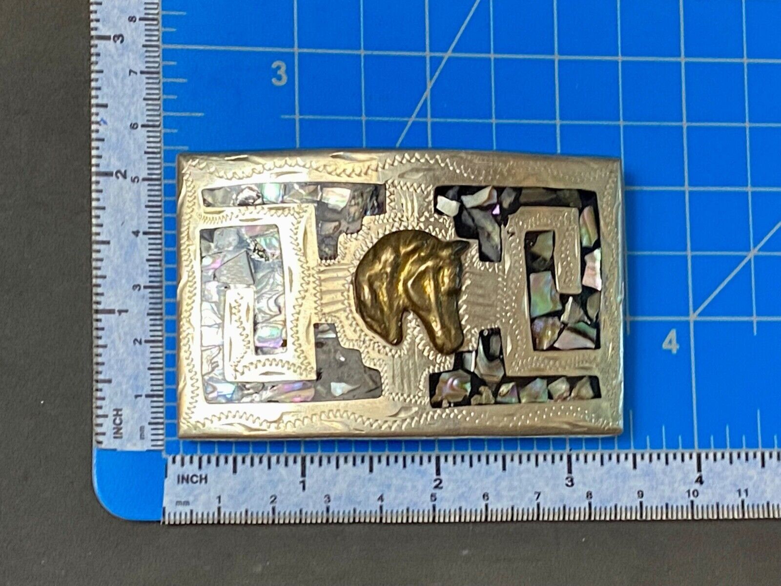 Vintage horse head on abalone shell inlay artist stamped western belt buckle