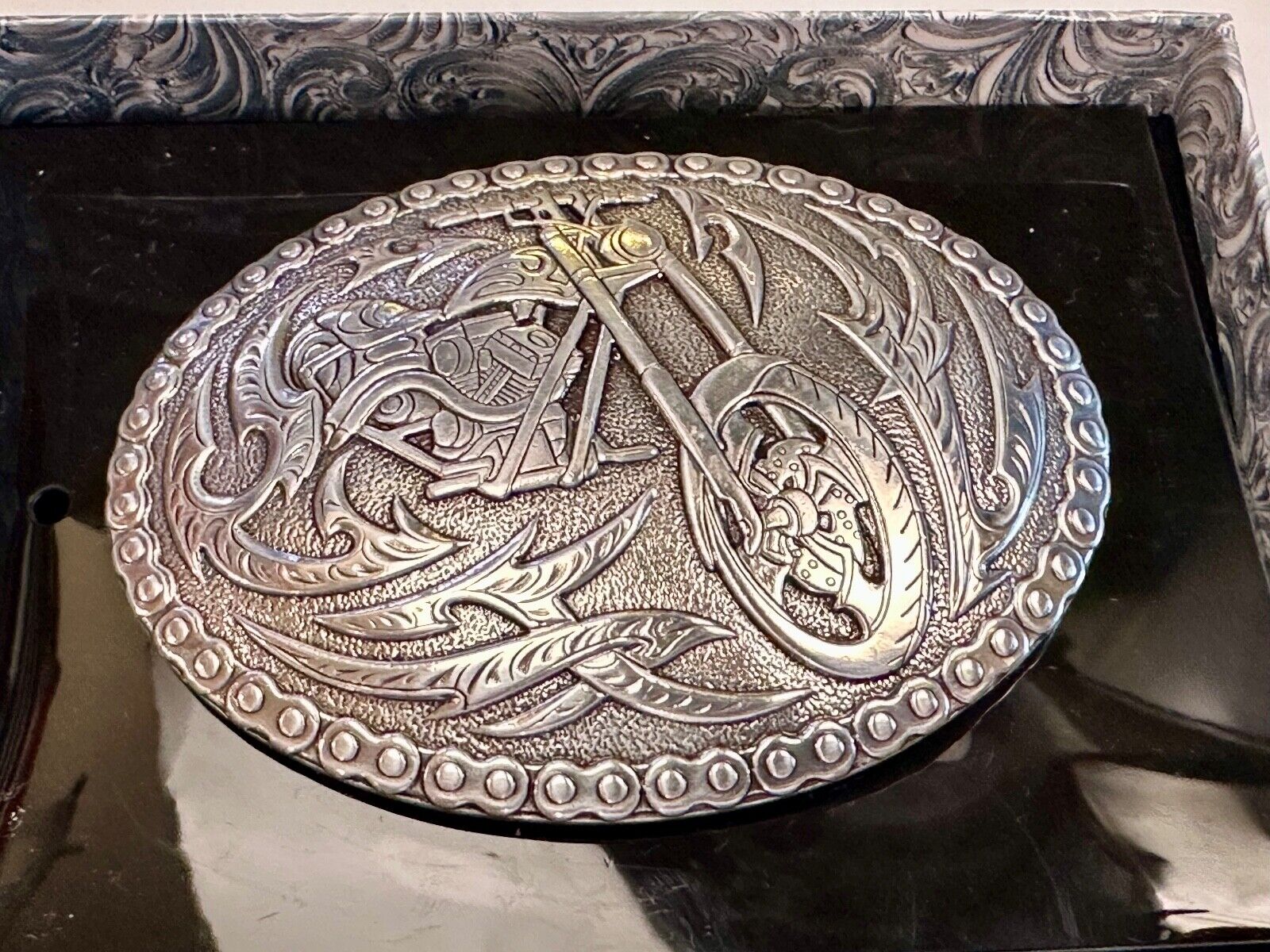 Biker Motorcycle Chopper Designed silver tone oval Crumrine Belt Buckle in box