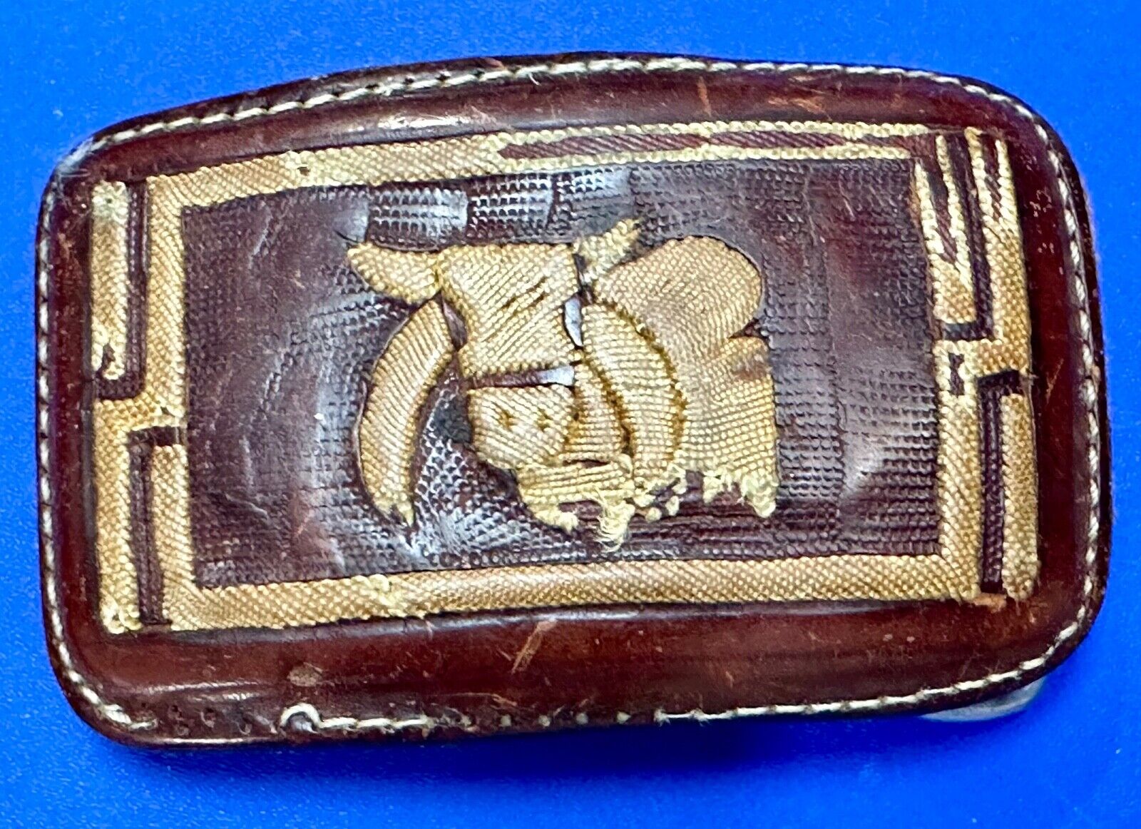 Unique Calf? Cow? Goat? Vintage brown leather stitched Belt Buckle