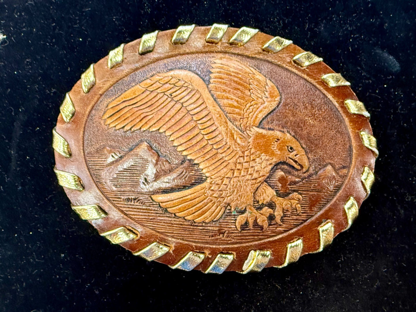 American Bald Eagle Flying Over the Mountain Embossed on Leather Belt Buckle